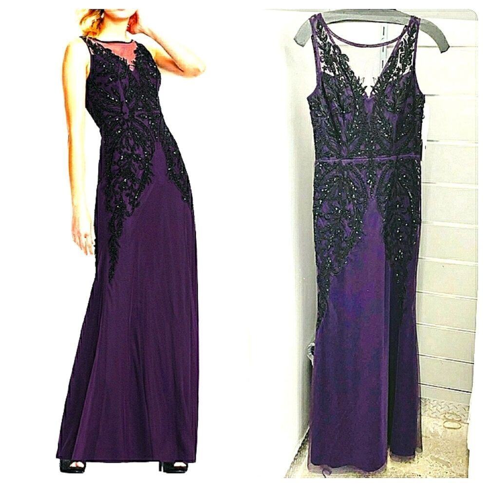 Adrianna Beaded Illusion Sheath Gown In Amethyst tailor